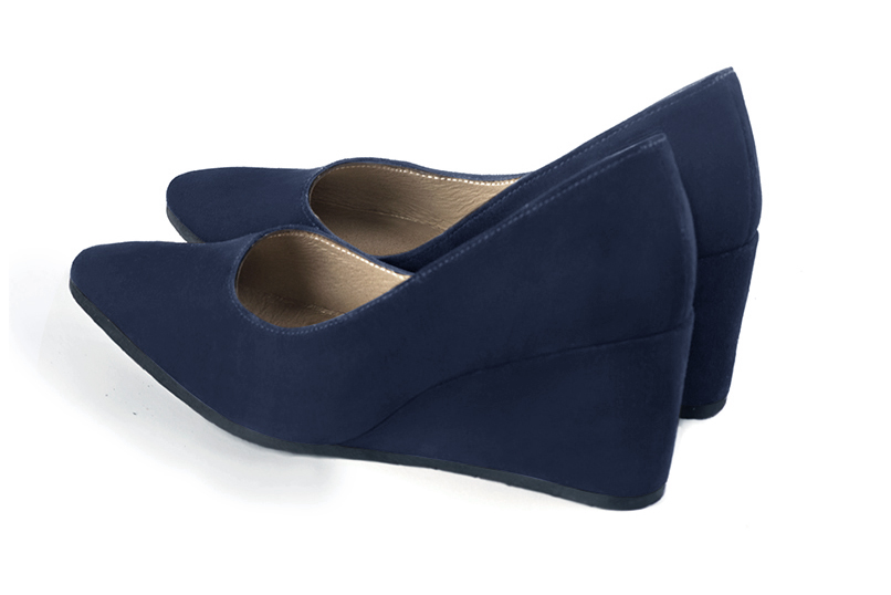 Navy blue women's dress pumps,with a square neckline. Tapered toe. Medium wedge heels. Rear view - Florence KOOIJMAN